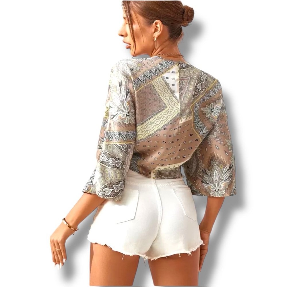 SHEIN Paisley Cream/Gold/Brown Tie-Front Collarless Cropped Festival Blouse - Picture 2 of 16